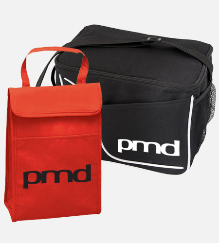 Red lunch bag and black tote bag with PMD logo