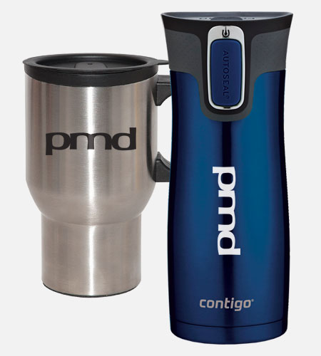 Travel coffee mug and water container with PMD logo