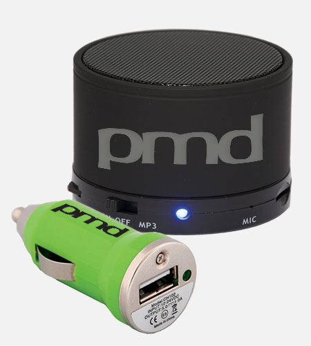 Portable speaker and portable USB charger with PMD logo